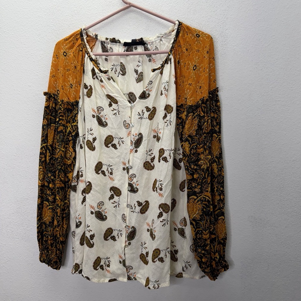 Jane & Delancey Top Boho Floral Paisley Orange Fall Long Sleeve Sz M V Neck